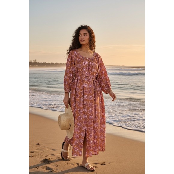 THE GREAT. Dresses & Skirts - THE GREAT Medium Shoreline Coverup Floral Tan Tie-Waist Cottagecore MIDI Dress